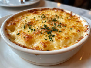 un gratin dauphinois dans un plat blanc